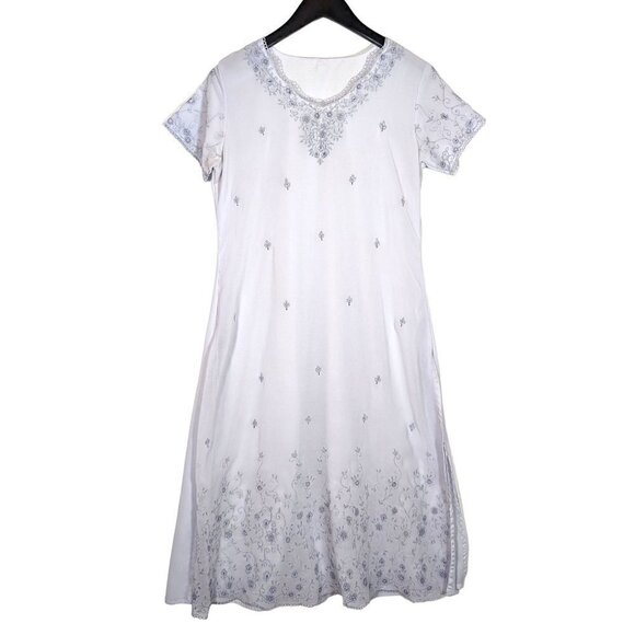 Handmade Lace Nightgown Womens Med White Lavender Lace Tatting Detail Semi Sheer - Picture 1 of 6